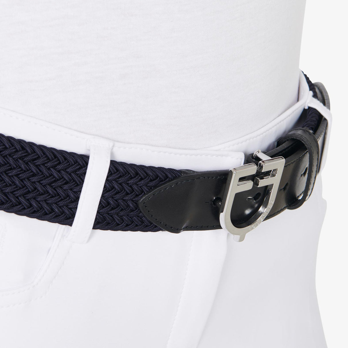 Equestro Leather Elastic Belt With Logoed Buckle #colour_blue-silver