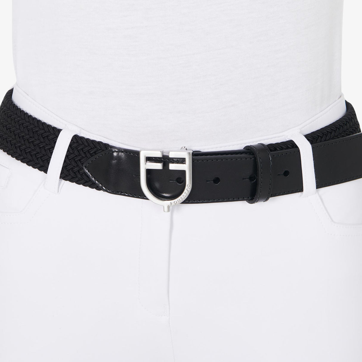 Equestro Leather Elastic Belt With Logoed Buckle #colour_black-silver