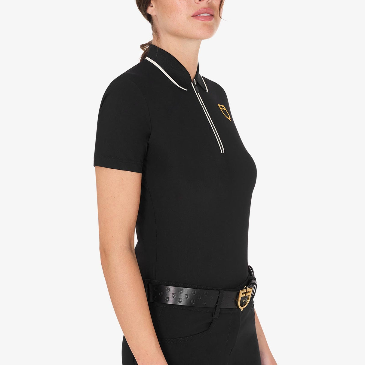 Equestro Women's Slim Fit Training Polo Shirt With Zip And Chest Logo #colour_black-white