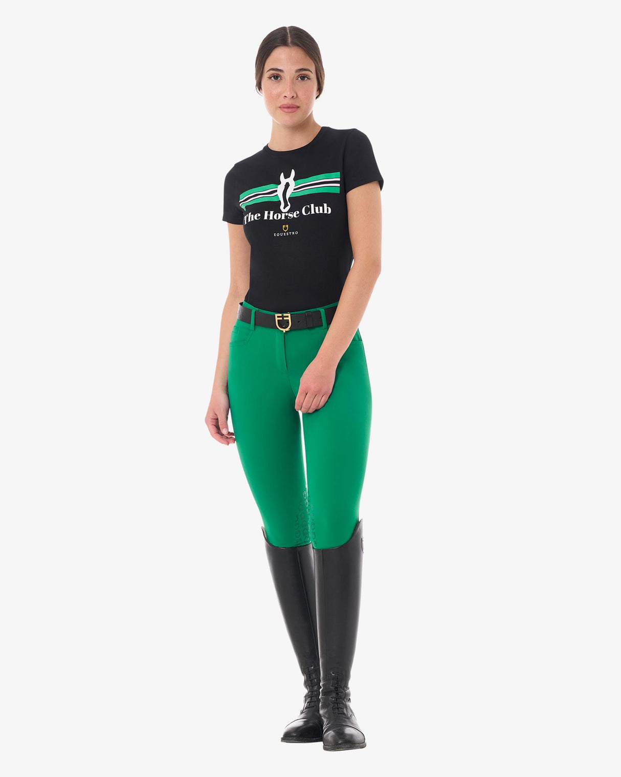 Equestro Women's Stripe Horse Club Cotton T-Shirt #colour_black