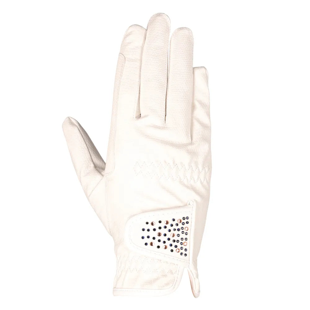 Hy Equestrian Shimmer Riding Gloves #colour_white-with-navy-rose-gold-diamantos