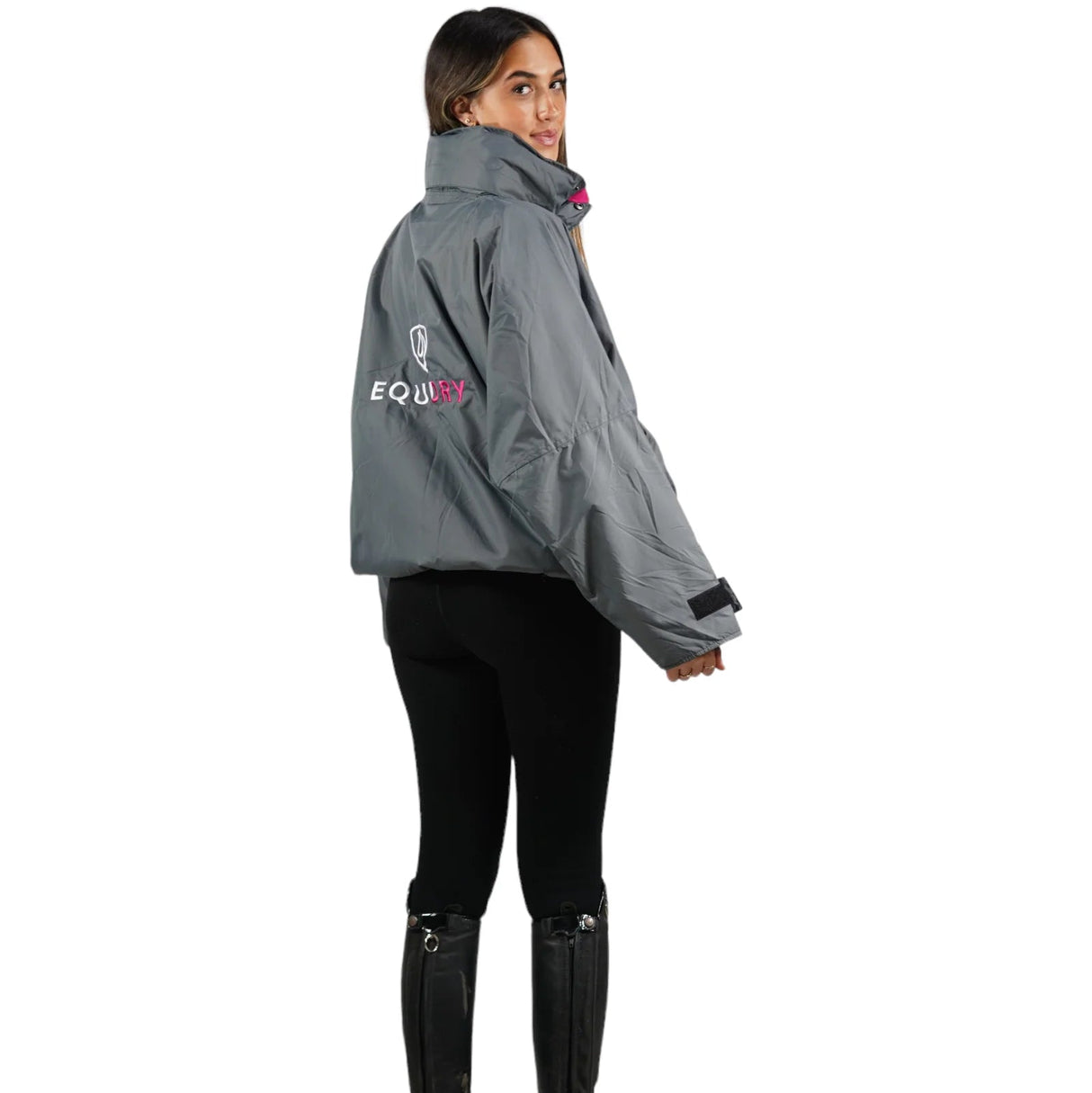 EQUIDRY Women's Thin Fleece Shortie #colour_grey-peacock-pink