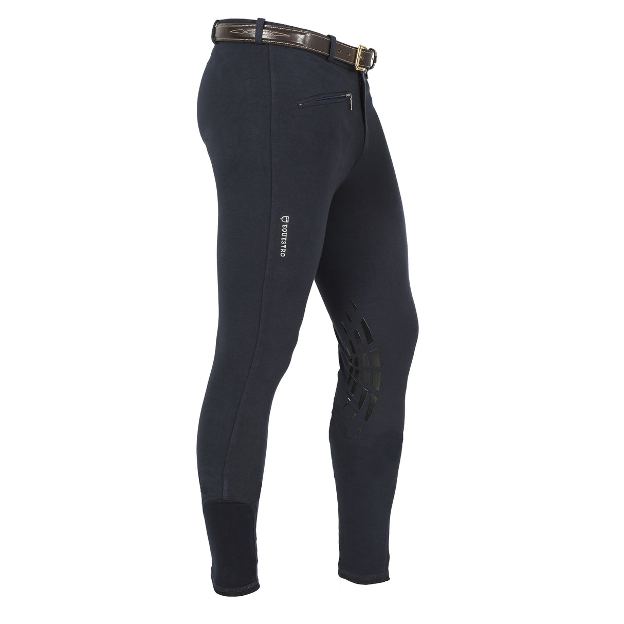 Equestro Zeus Men’s Stretch Cotton Breeches with Knee Grip #colour_blue