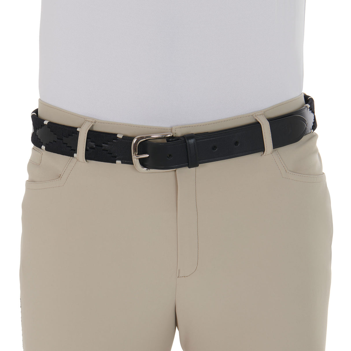 Equestro Leather Belt With Black And White Embroidery #colour_black