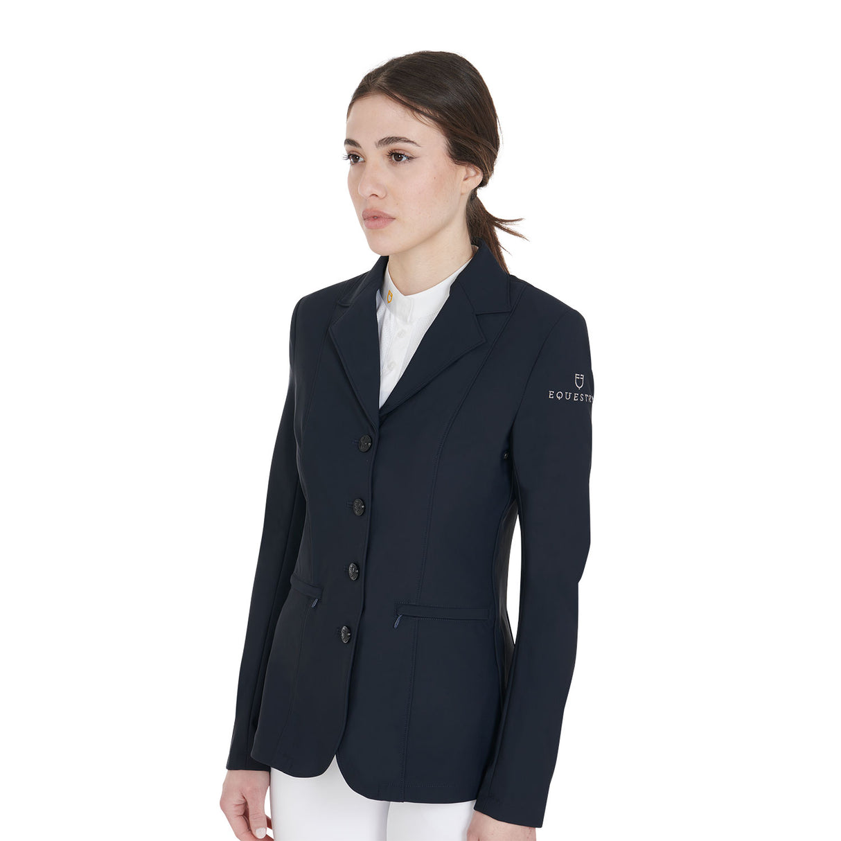 Equestro Women's Four Button Competition Jacket Anatomical Cut #colour_blue