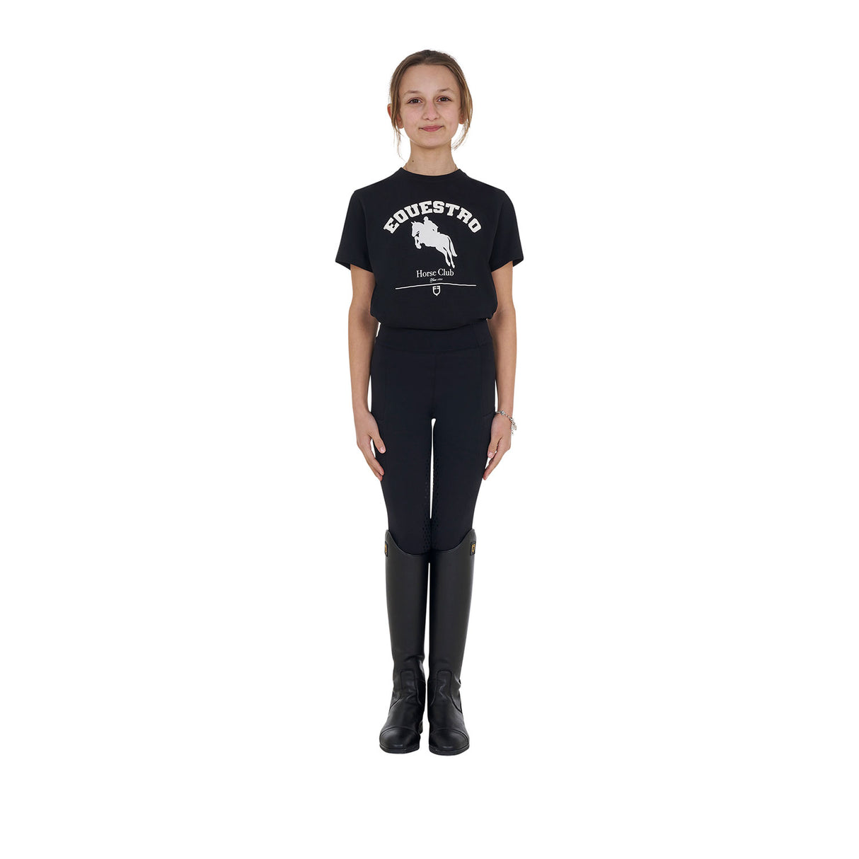 Equestro Girls' Jumping Horse Club Cotton T-Shirt #colour_black