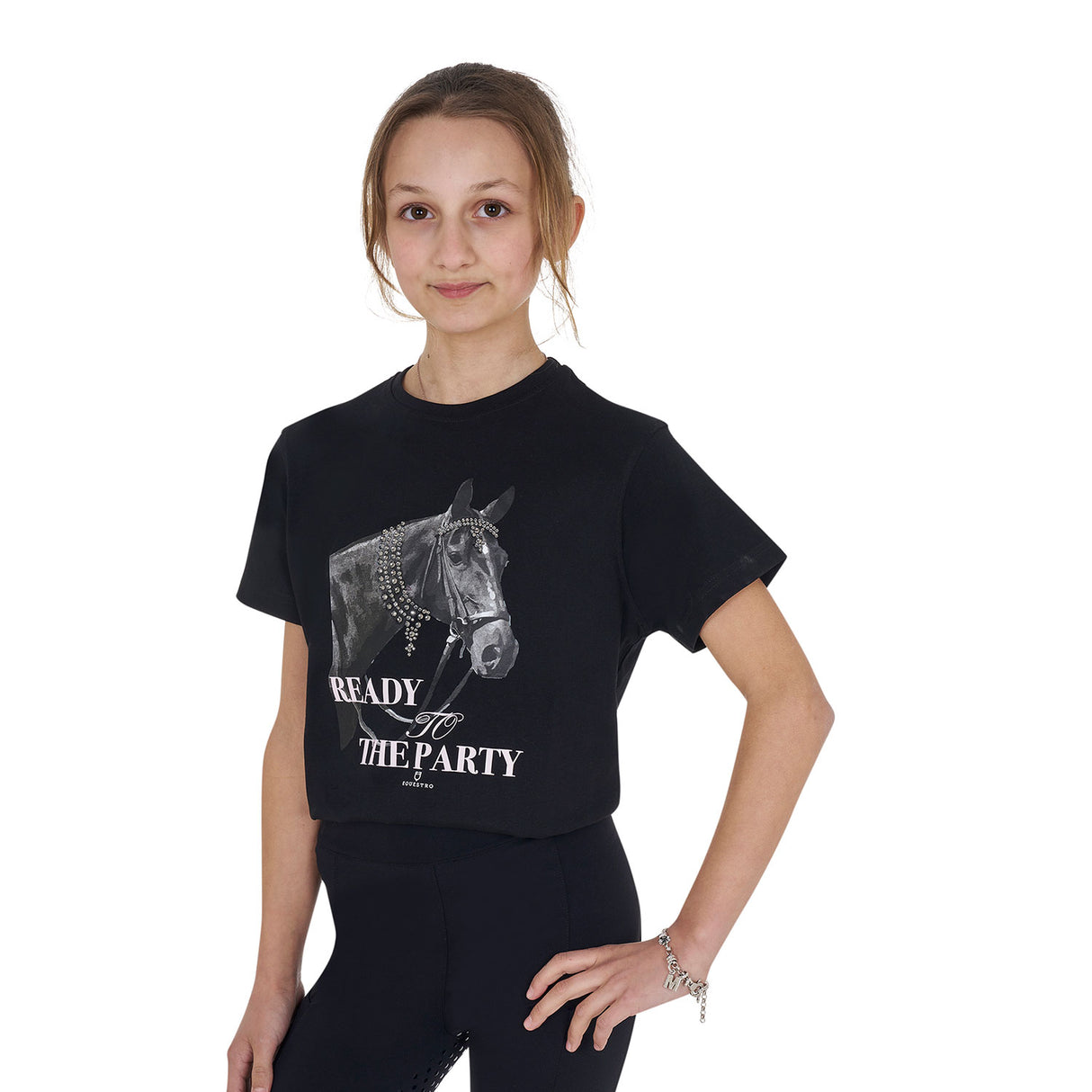 Equestro Girls' Ready To The Party Cotton T-Shirt With Rhinestones #colour_black