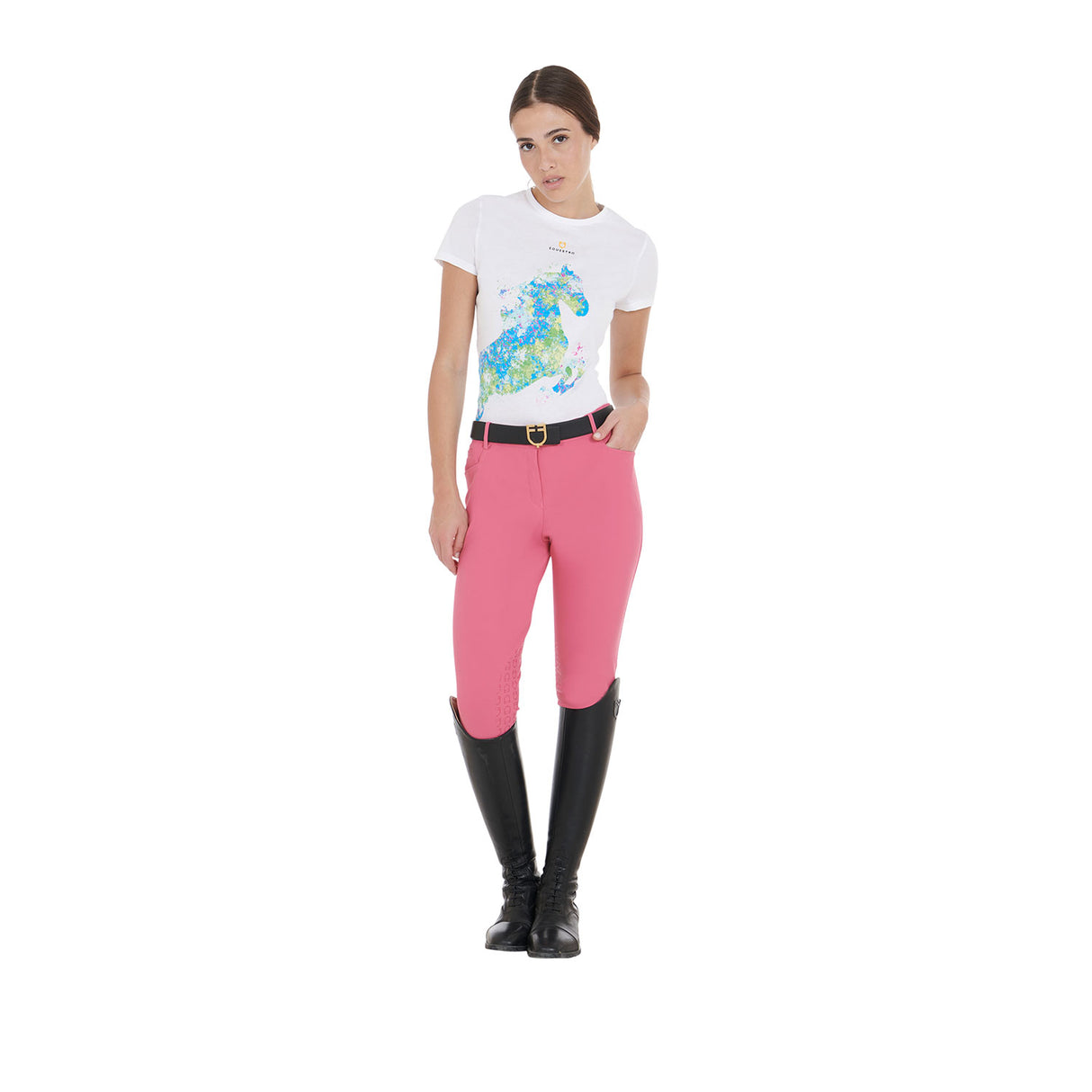Equestro Women's Slim Fit T-Shirt With Abstract Horse Print #colour_white