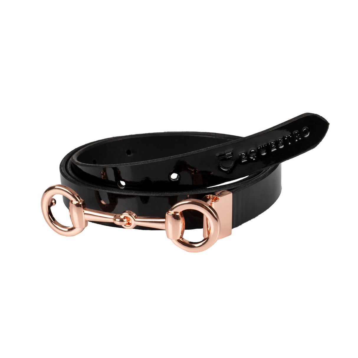 Equestro Women's Glossy Belt With Snaffle Bit Buckle #colour_black-gold