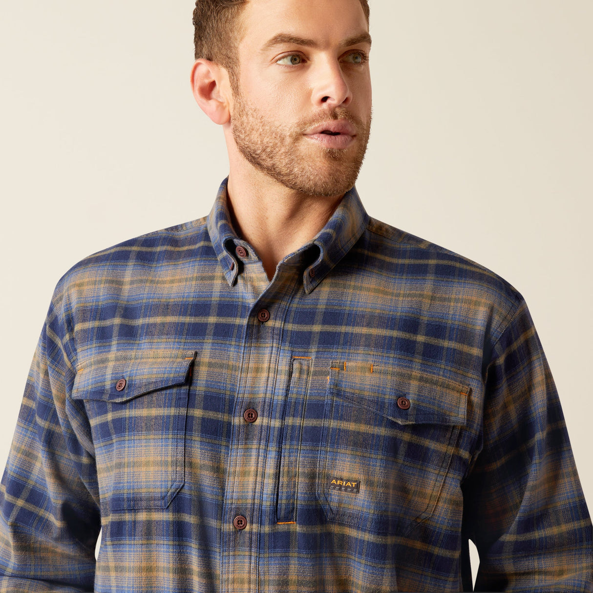 Ariat Men's Rebar Flannel DuraStretch Long Sleeve Work Shirt #colour_navy-khaki