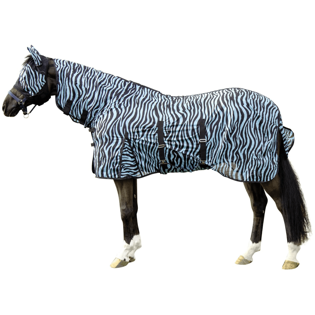 HKM Zebra Aqua Fly Rug With Neck #colour_aqua-black