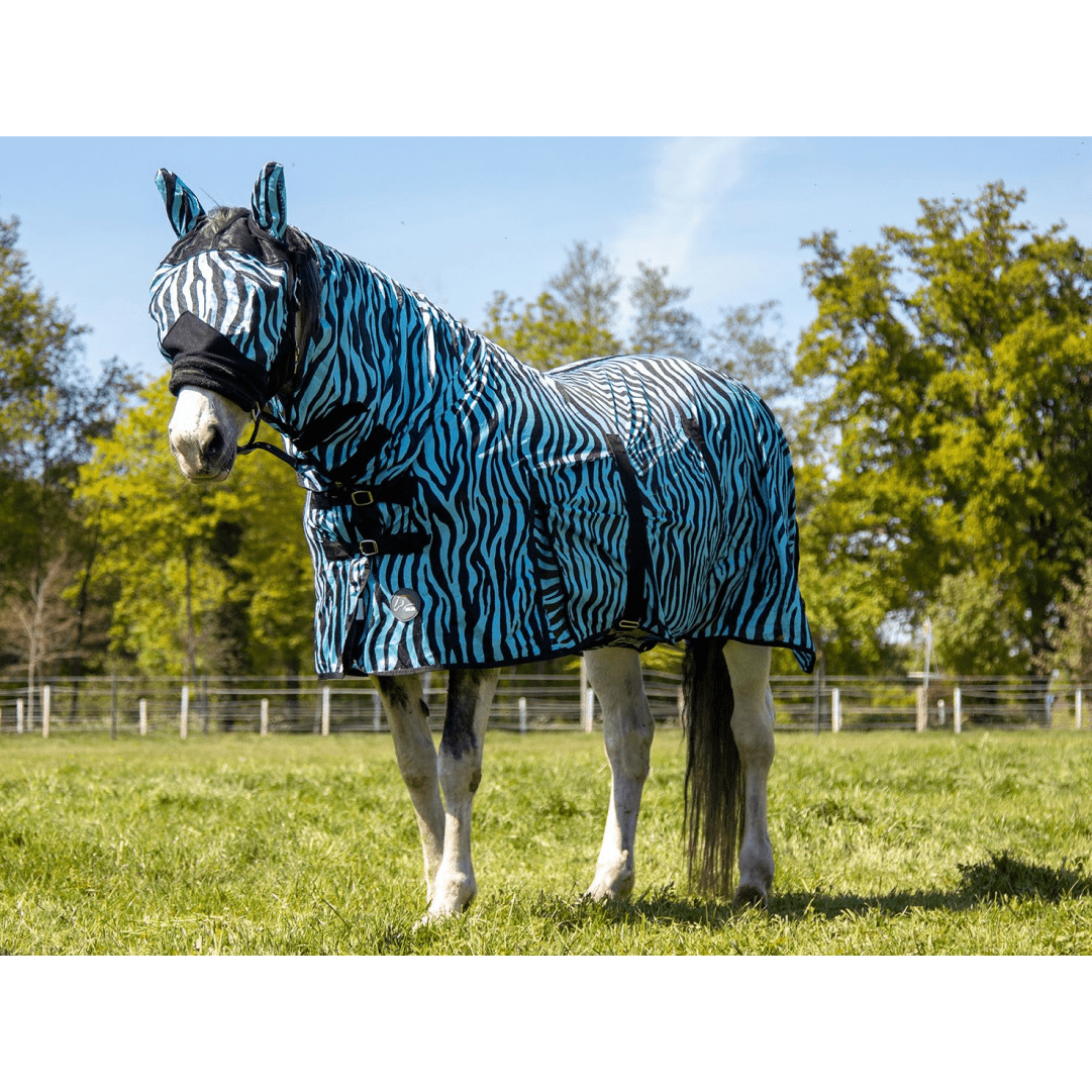 HKM Zebra Aqua Fly Rug With Neck #colour_aqua-black