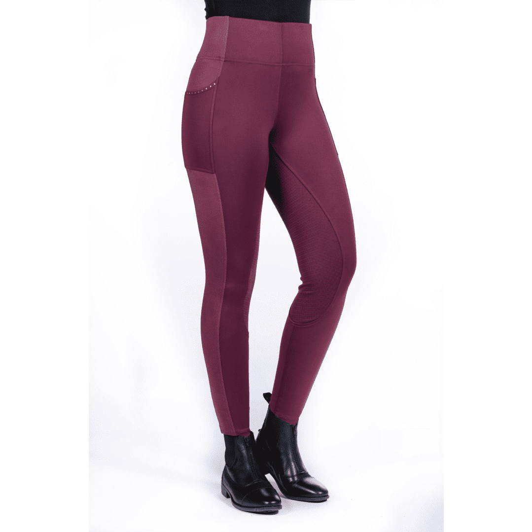 HKM Mesh Style Silicone Full Seat Riding Leggings #colour_wine-red