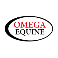 Omega Equine Logo- Black oval around red and black brand name