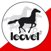 Leovet Logo- White square halved by a red triangle and white circle with grey and black horse silhouettes inside