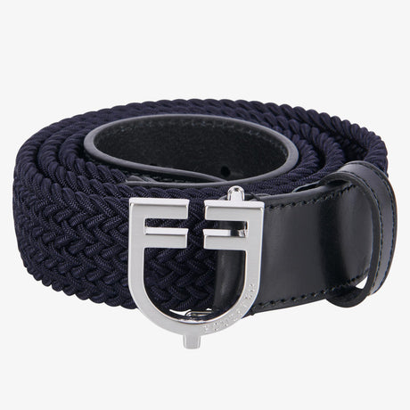 Equestro Leather Elastic Belt With Logoed Buckle #colour_blue-silver