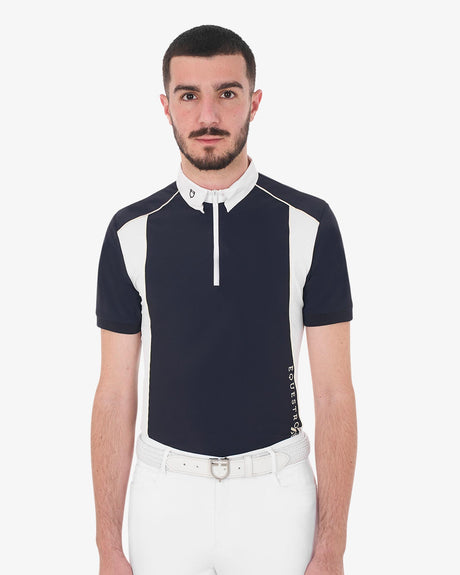 Equestro Men's Slim Fit Polo Shirt In Technical Fabric With Piping #colour_blue-white