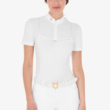 Equestro Women's Slim Fit Zipped Competition Polo Shirt In Perforated Fabric #colour_fucsia-white