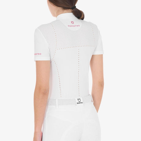 Equestro Women's Slim Fit Zipped Competition Polo Shirt In Perforated Fabric #colour_fucsia-white