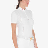 Equestro Women's Slim Fit Zipped Competition Polo Shirt In Perforated Fabric #colour_fucsia-white