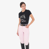 Equestro Women's Slim Fit Cotton T-Shirt Ready To Jump Print With Rhinestones #colour_black