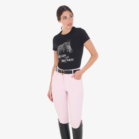 Equestro Women's Slim Fit Cotton T-Shirt Ready To Jump Print With Rhinestones #colour_black