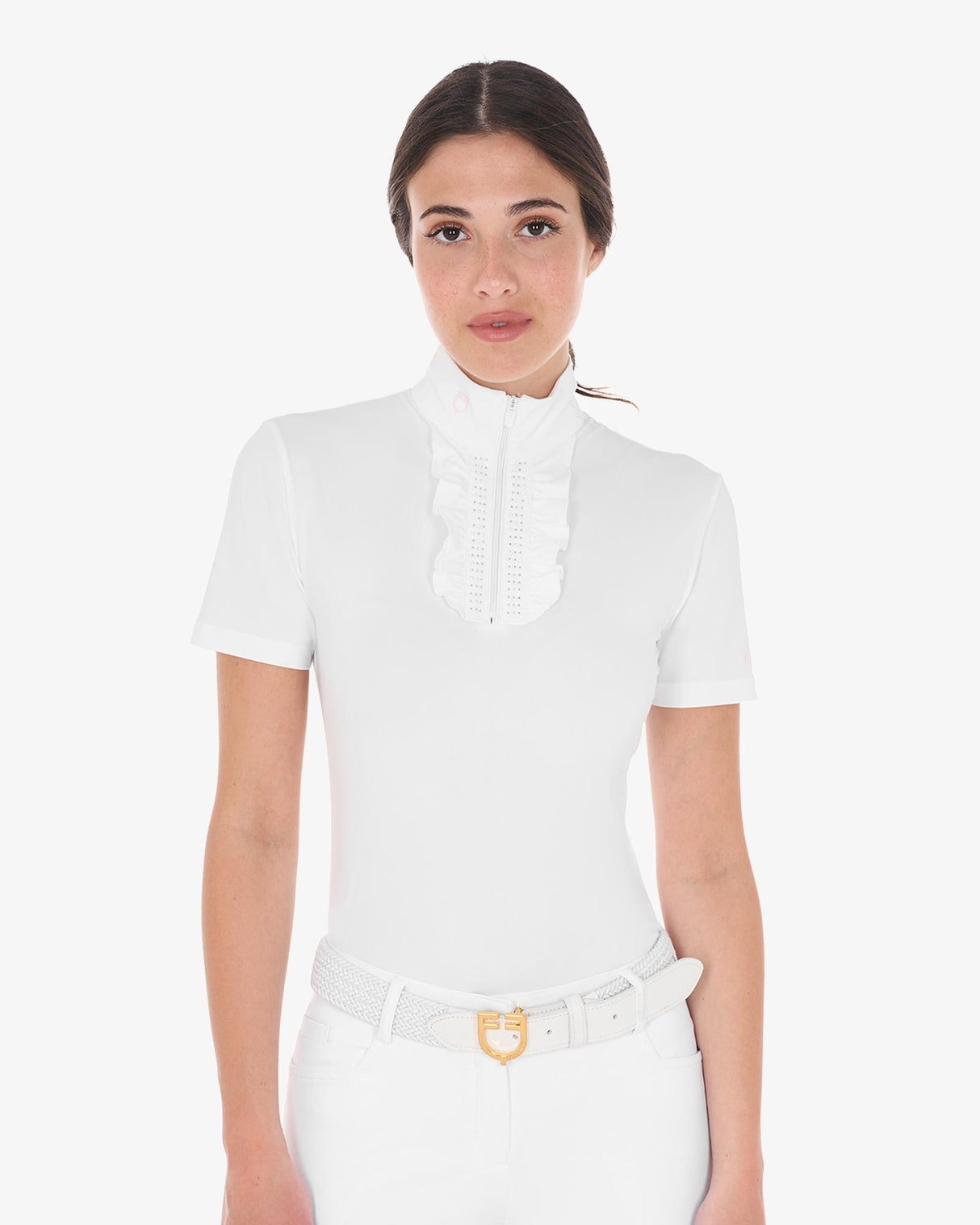 Equestro Women's Slim Fit Competition Polo Shirt With Ruffles And Rhinestones #colour_white-pink