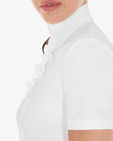 Equestro Women's Slim Fit Competition Polo Shirt With Ruffles And Rhinestones #colour_white-pink