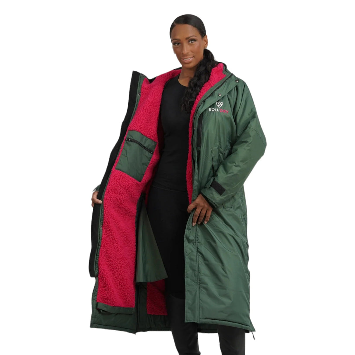 EQUIDRY Women's Thick Fleece Evolution Fixed Hood #colour_black-forest-green-peacock-pink