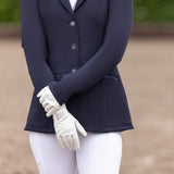 Hy Equestrian Shimmer Riding Gloves #colour_white-with-navy-rose-gold-diamantos