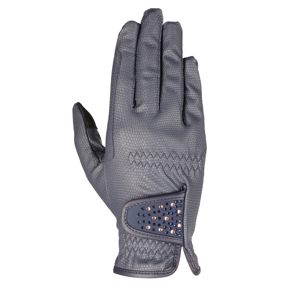 Hy Equestrian Shimmer Riding Gloves #colour_navy-with-navy-rose-gold-diamantes