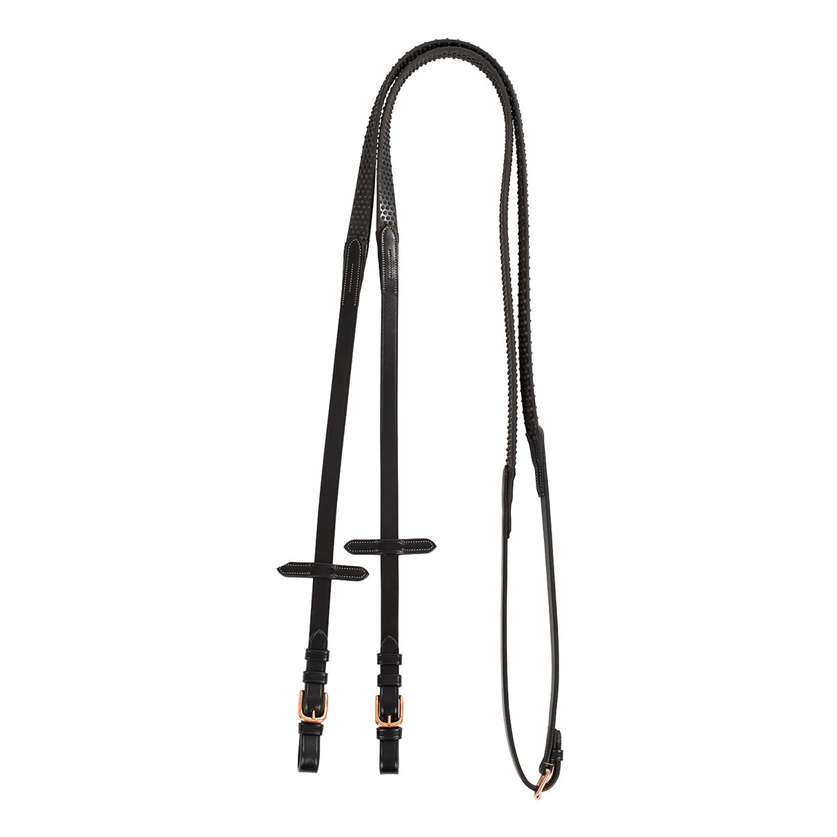 Equestro Leather And Rubber Reins For English Bridle With Rose Gold Buckles
