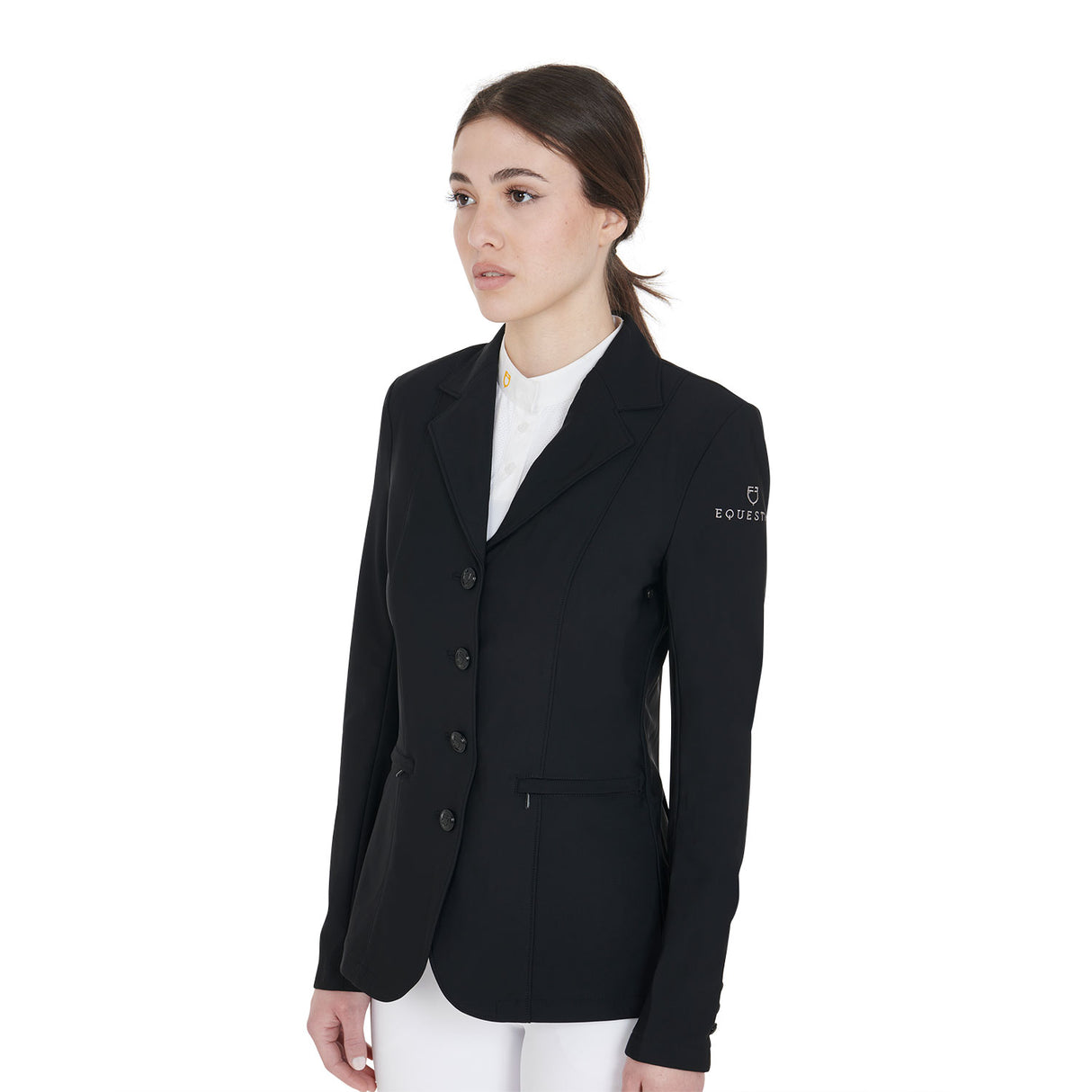 Equestro Women's Four Button Competition Jacket Anatomical Cut #colour_black