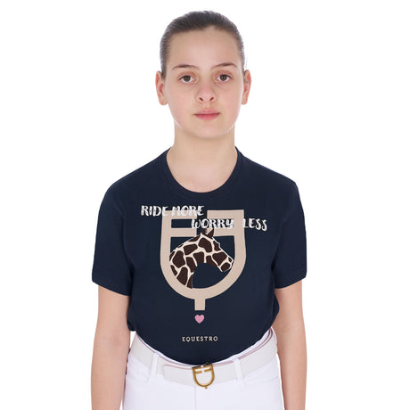 Equestro Girls' Ride More Worry Less Cotton T-Shirt #colour_blue