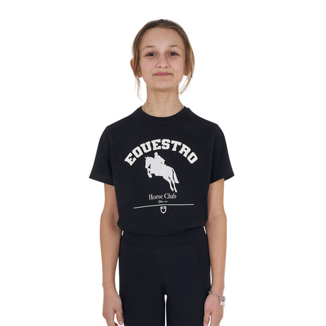 Equestro Girls' Jumping Horse Club Cotton T-Shirt #colour_black