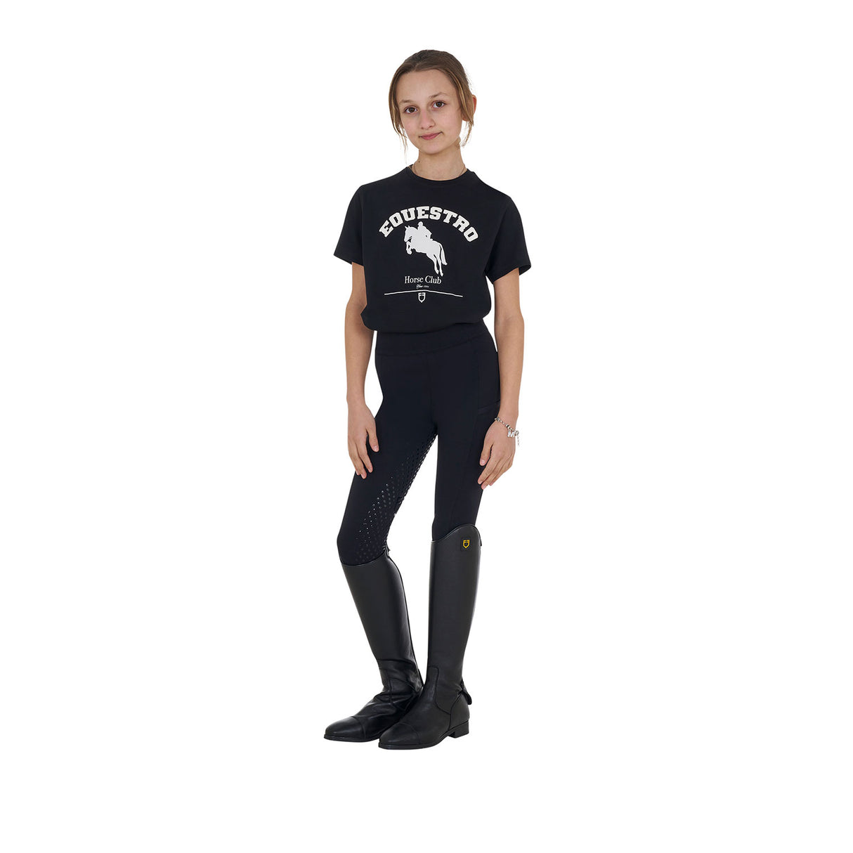 Equestro Girls' Jumping Horse Club Cotton T-Shirt #colour_black