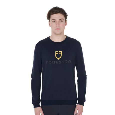 Equestro Men's Cotton Crewneck Sweatshirt With Logo On The Chest #colour_blue