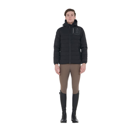 Equestro Men's Stretch Fabric Down Jacket Silicone Patch #colour_black