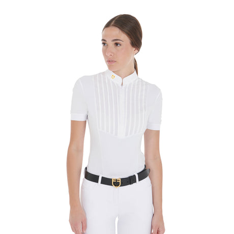 Women's slim fit pleated cotton polo shirt