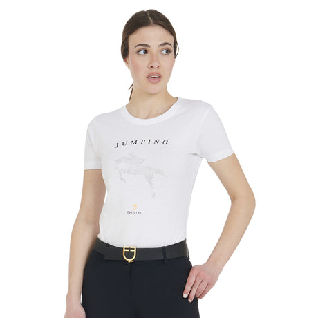 Equestro Women's Slim Fit T-Shirt Jumping With Rhinestone #colour_white