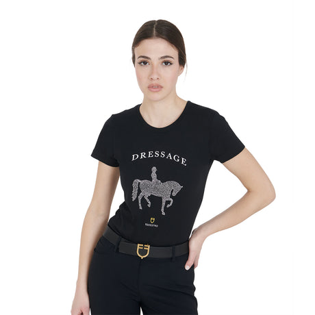 Equestro Women's Slim Fit T-Shirt Dressage With Rhinestone #colour_black
