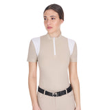 Equestro Women's Slim Fit Training Polo Shirt with Mesh Inserts #colour_beige