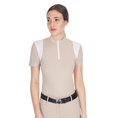 Equestro Women's Slim Fit Training Polo Shirt with Mesh Inserts #colour_beige