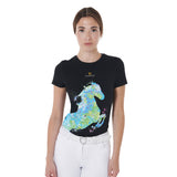 Equestro Women's Slim Fit T-Shirt With Abstract Horse Print #colour_black