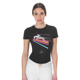 Equestro Women's Slim Fit T-Shirt With Colorful Jumping Design #colour_black