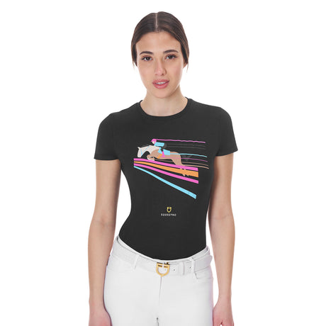 Equestro Women's Slim Fit T-Shirt With Colorful Jumping Design #colour_black