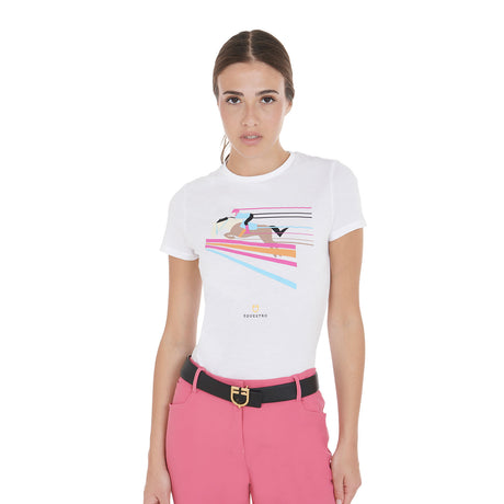 Equestro Women's Slim Fit T-Shirt With Colorful Jumping Design #colour_white