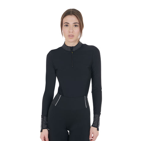 Equestro Women's Technical Training Polo Shirt with Rhinestone Details #colour_black