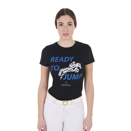 Equestro Women's Slim Fit Cotton T-Shirt Ready To Jump Print #colour_black