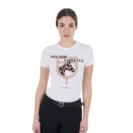 Equestro Women's Slim Fit Cotton T-Shirt Ride More Worry Less Print #colour_white